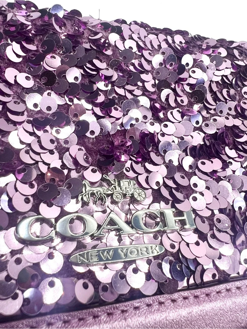 Coach Flap Clutch Crossbody Bag in Lilac Metallic Leather & Sequins